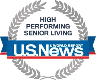 US News & World Report logo with laurel wreath and “High Performing Senior Living” badge