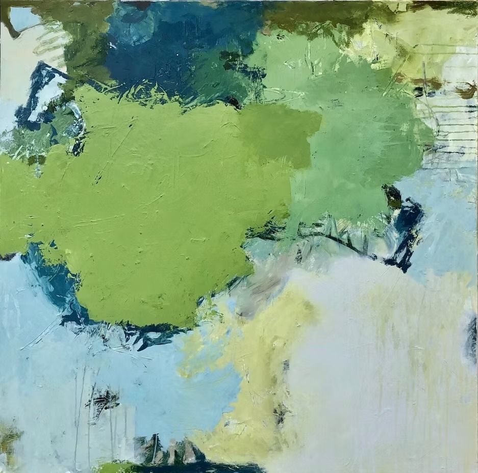 Abstract painting with green, blue, and yellow patches. A small figure appears on the right edge.
