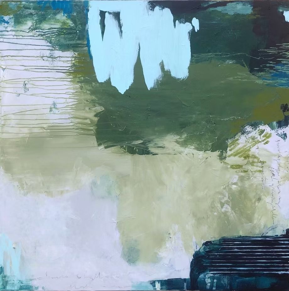 Abstract painting with layered greens, blues, and white. Hints of a building at the bottom right.