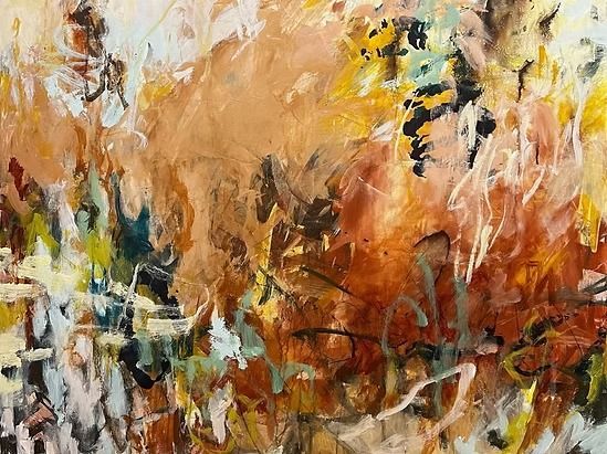 Abstract painting with warm tones; oranges, yellows, and browns mix with drizzles of teal and white.