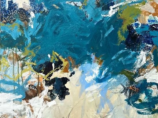 Abstract painting with brushstrokes in shades of blue, green, and white.