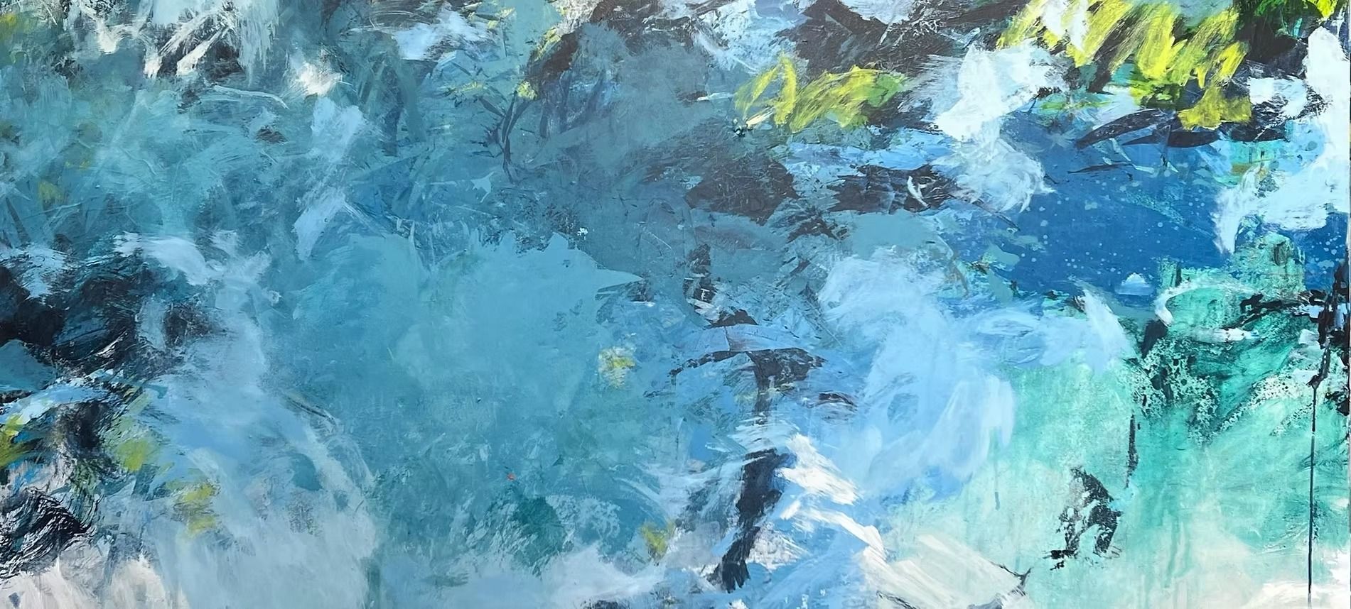 Abstract artwork with swirling shades of blue, green, and white paint.