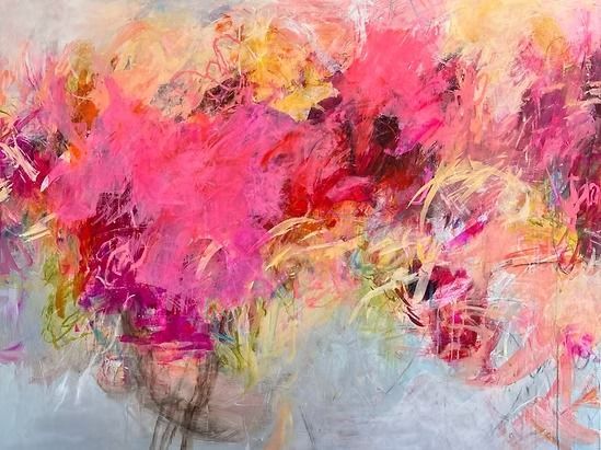 Abstract floral artwork, primarily pink and yellow, with a gray background.