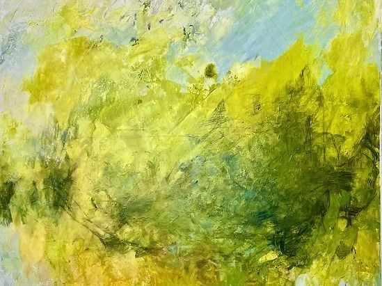Abstract painting with shades of green, yellow, and blue, suggesting foliage and sky.