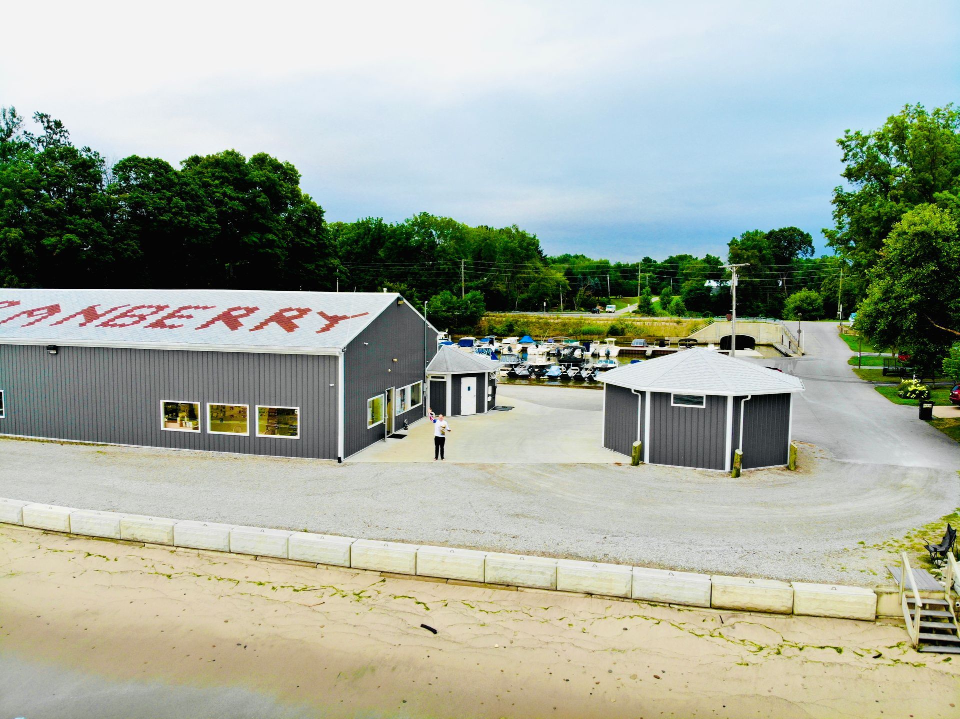 Drone Shot of Cranberry Creek Marina service facility, boat maintenance and repair in Huron, Ohio