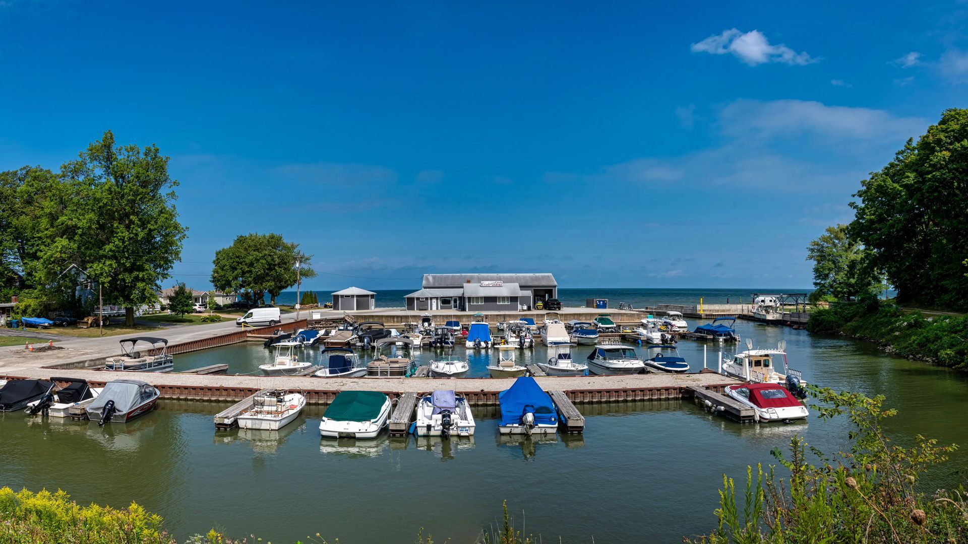 Boats docked at Cranberry Creek Marina on Lake Erie, Huron, Ohio