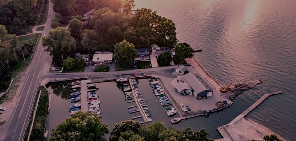 Aerial view of Cranberry Creek Marina, boat dockage and services on Lake Erie, Huron, Ohio