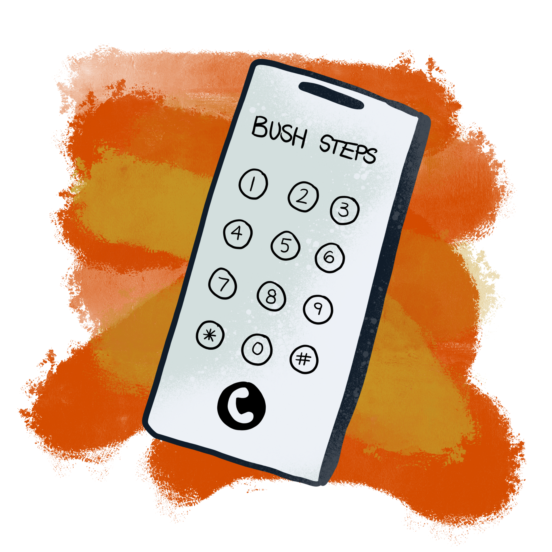 White cell phone with number buttons, orange background, 