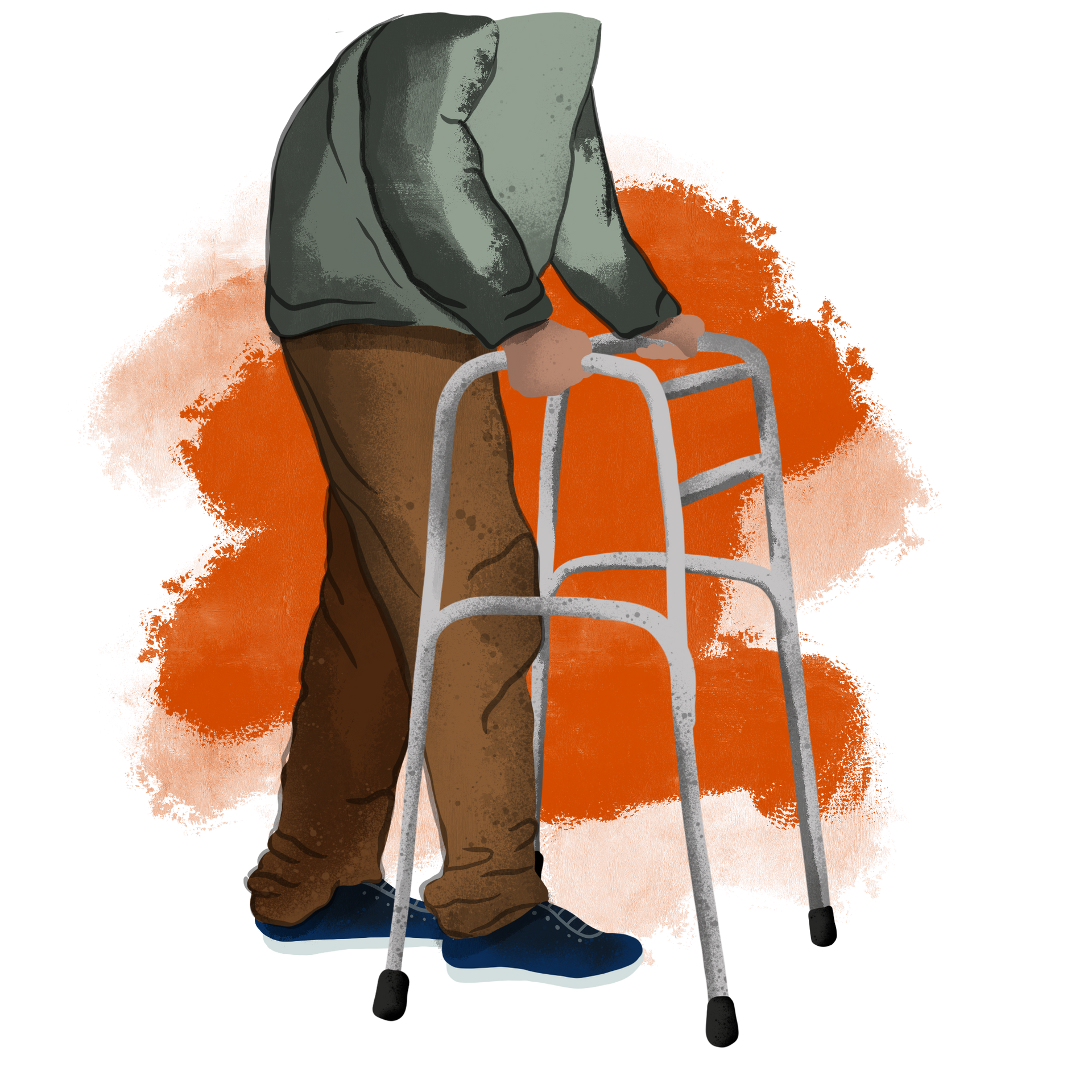 Person using a walker, bent over, brown pants, green sweater, orange background.