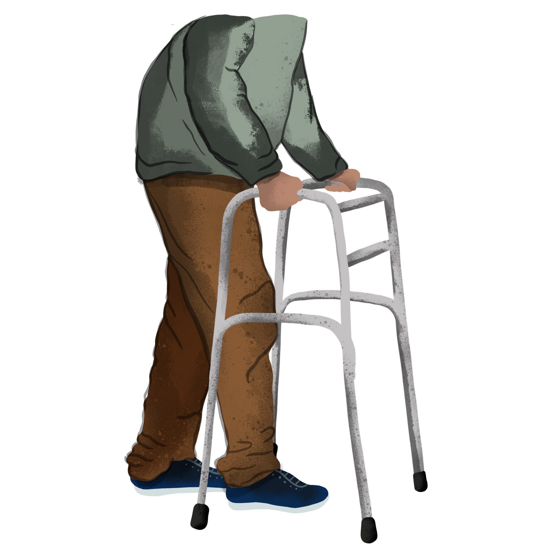 Person using a walker, bent over, wearing a green sweater and brown pants.