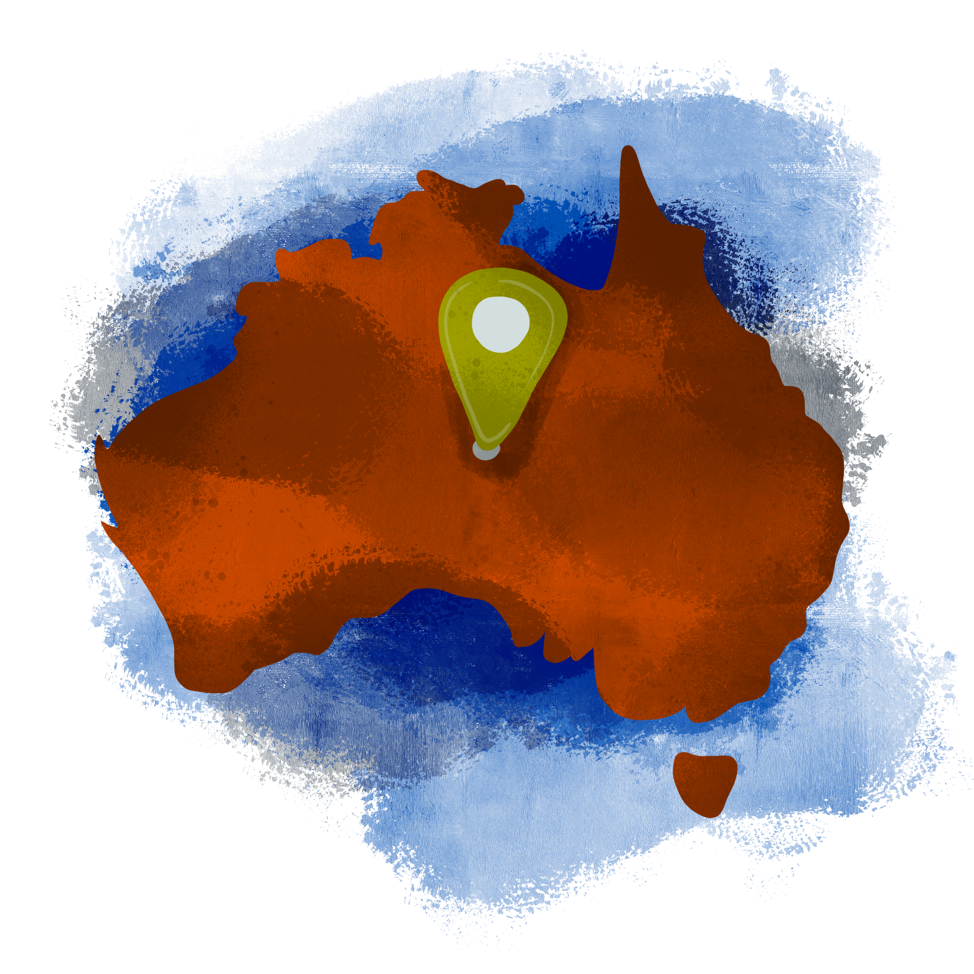 Map of Australia with a location marker near the center. Orange map with blue and gray watercolor background.
