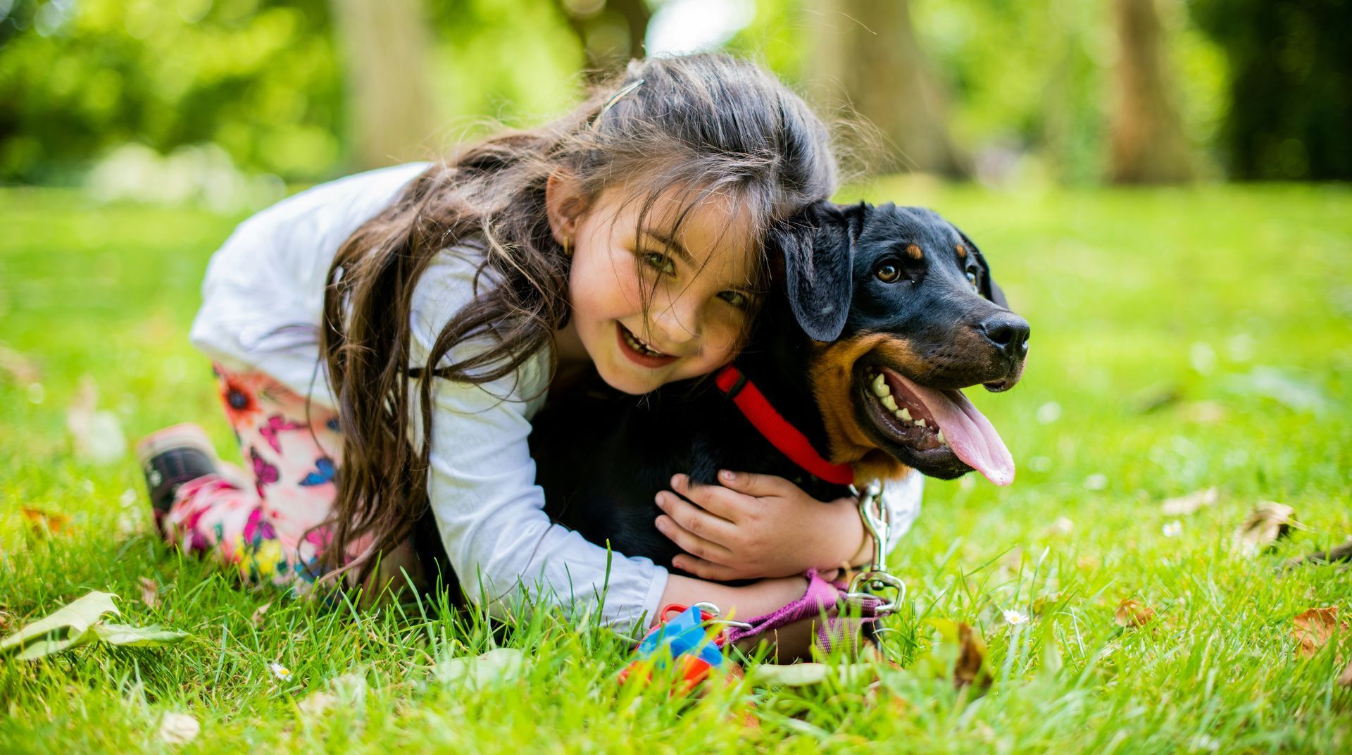 A young girl hugs her dog outside on grass.