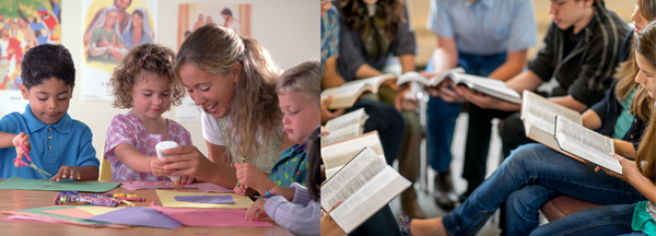 Young children doing a craft project and a group of youth are sitting at a table reading bibles. It is two images side by side. 