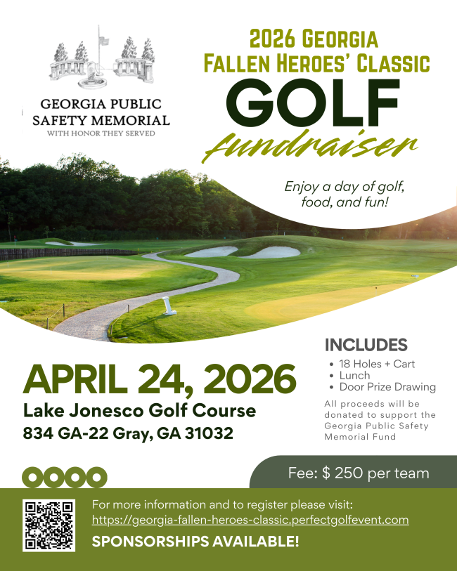 Golf fundraiser flyer: 2026 Georgia Fallen Heroes' Classic at Lake Jonesco Golf Course, April 24. Includes golf, lunch, and prizes.