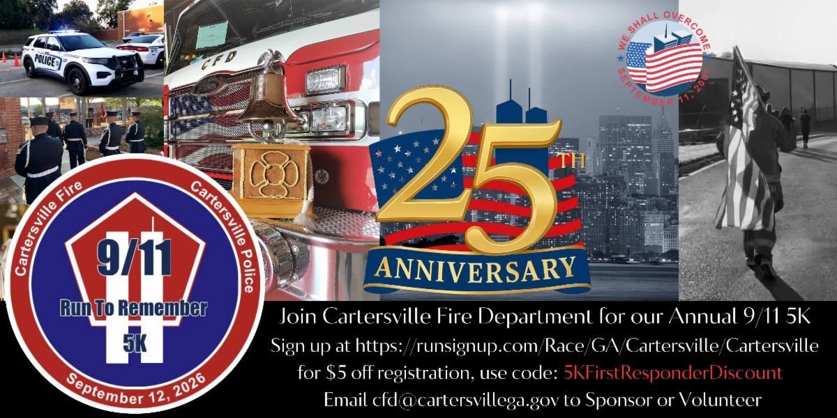 911 Committee 25th anniversary collage with police SUV, firefighters, badge, U.S. flag, and memorial scenes