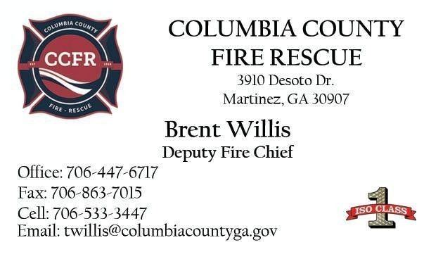 Columbia County Fire Rescue with contact information for Deputy Fire Chief Brent Willis.
