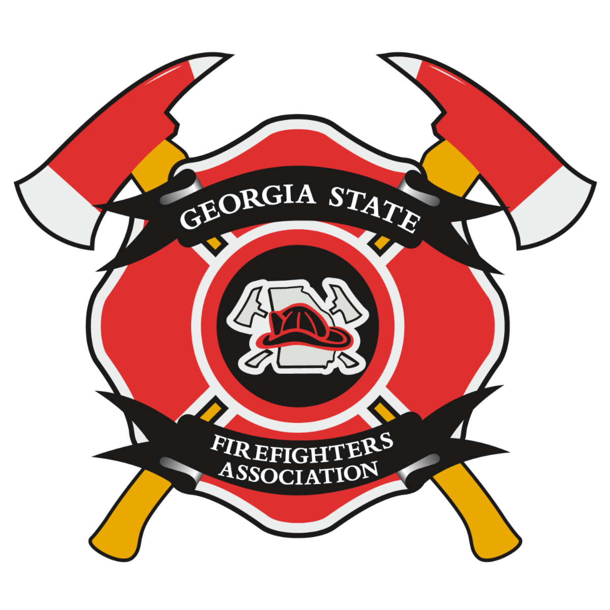 Georgia State Firefighters Association emblem with crossed fire axes and red shield logo