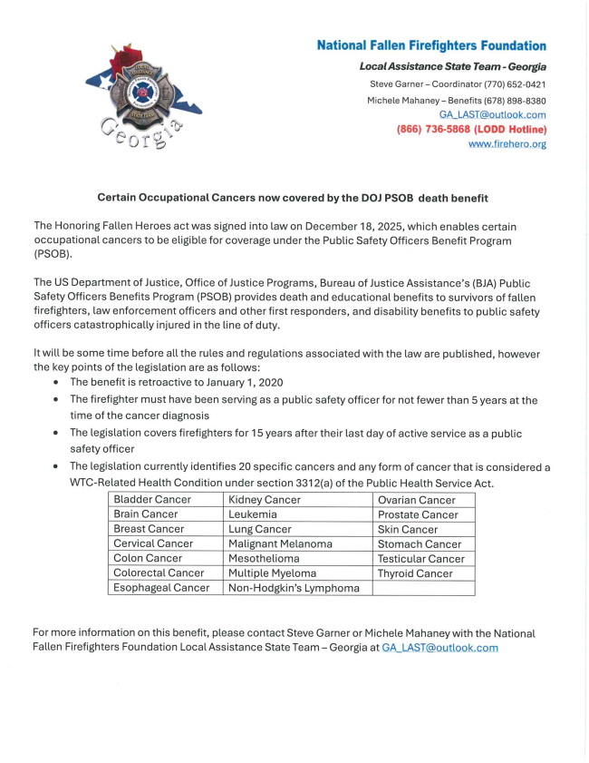 National Fallen Firefighters Foundation, listing cancer benefits for firefighters in Georgia.