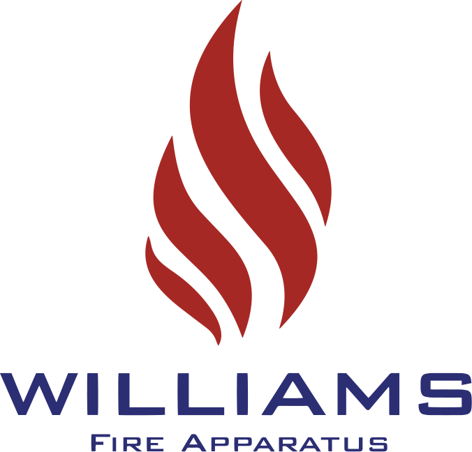 A logo for williams fire apparatus with a red flame
