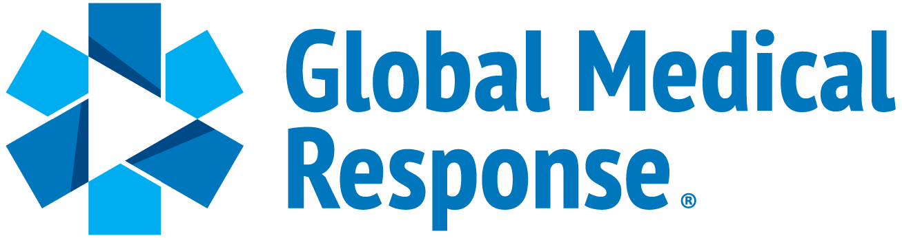 Logo for Global Medical Response in blue, a stylized star with a central triangle and text to the right.