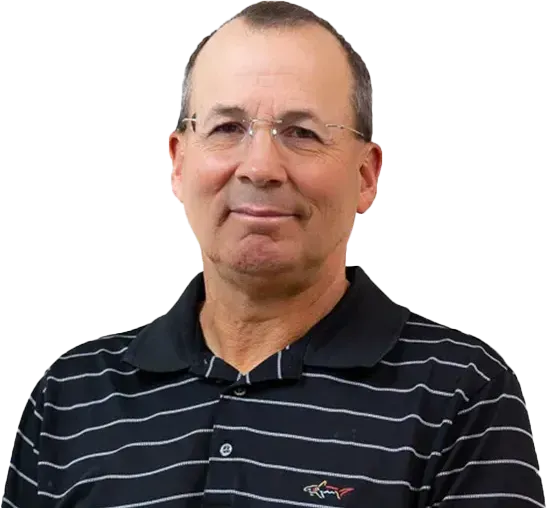 A man wearing glasses and a black and white striped shirt