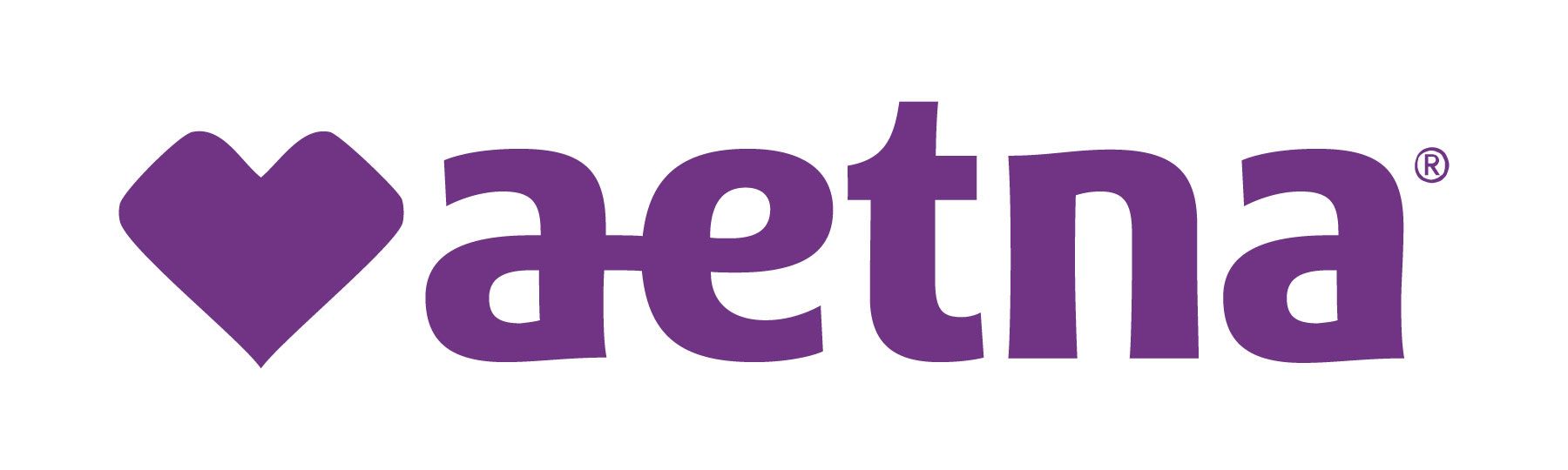 The aetna logo is purple with a heart in the middle.