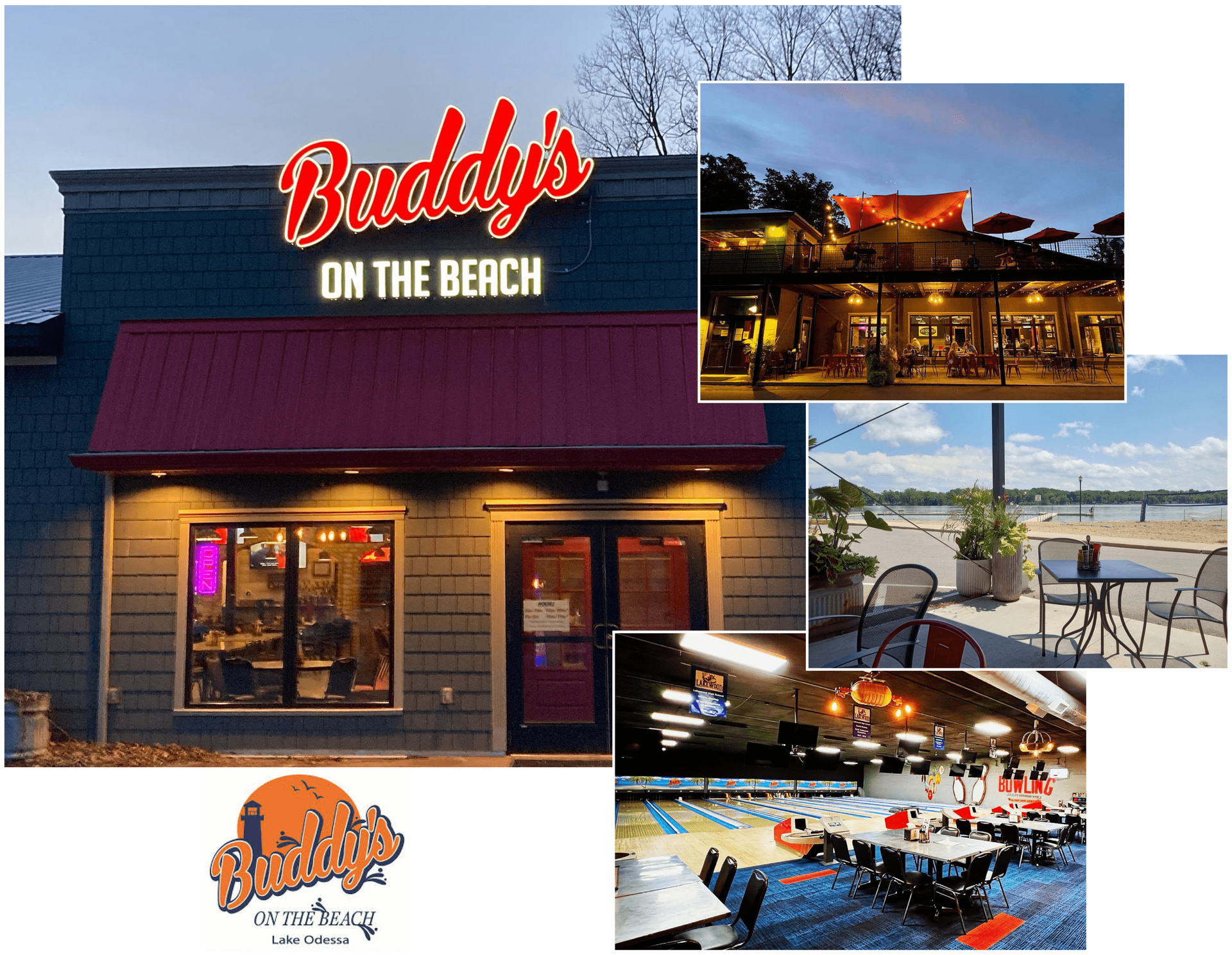 A collage of pictures of a restaurant called Buddy's on the beach.