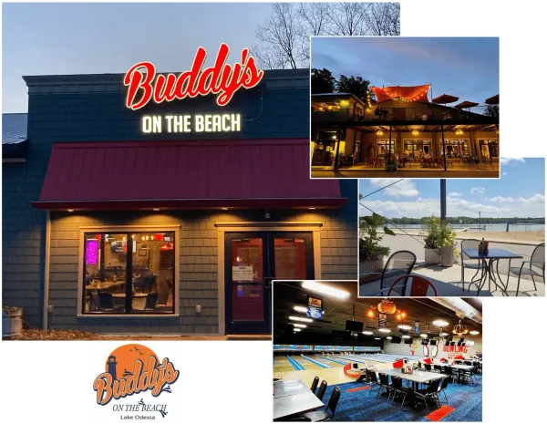 A collage of pictures of a restaurant called Buddy's on the beach.