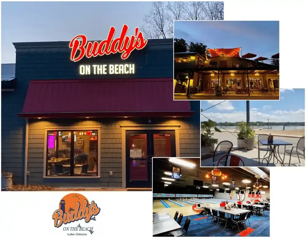A collage of pictures of a restaurant called Buddy's on the beach.