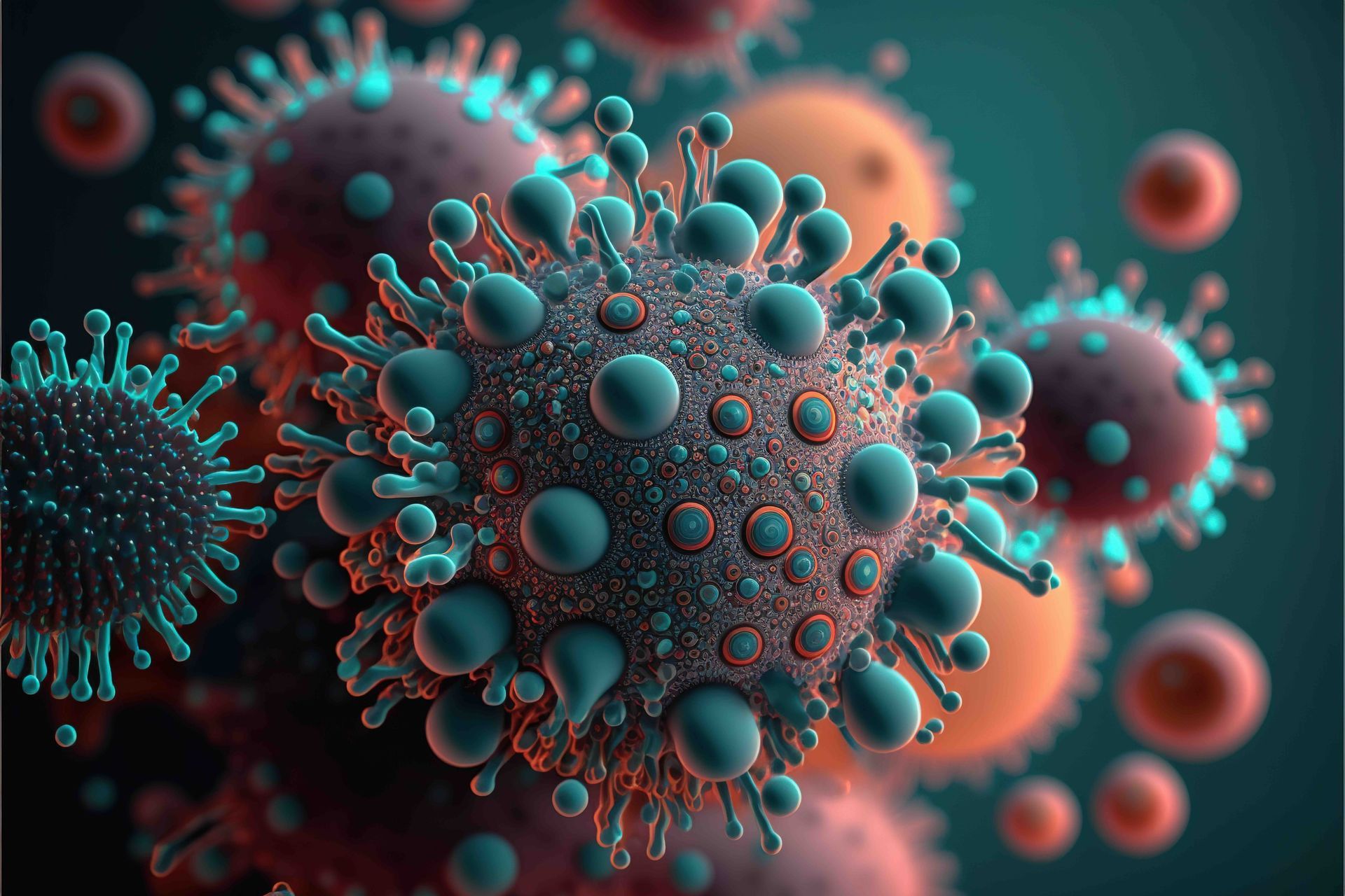 A computer generated image of a virus surrounded by other viruses.