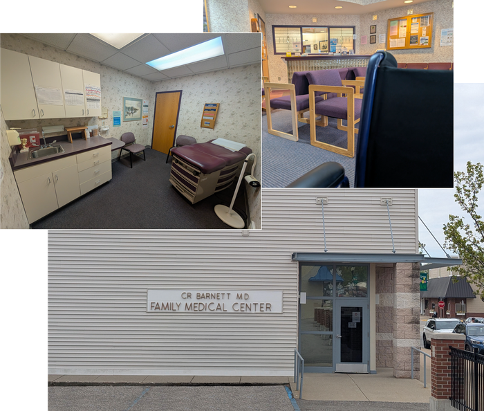 Collage of a family medical center: exam room, waiting area, and building entrance signage.