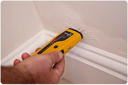 A person wearing a mask and gloves uses a moisture meter to inspect a wall with visible water damage and mold growth.
