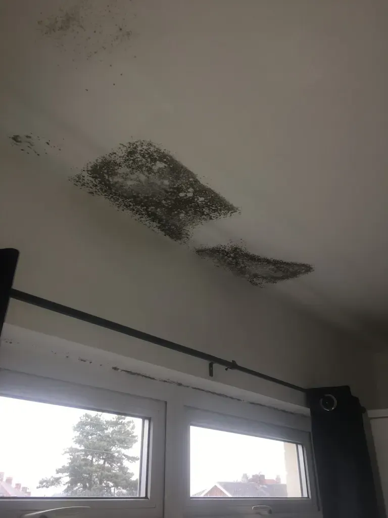 A ceiling with a hole in it and a window in the background.