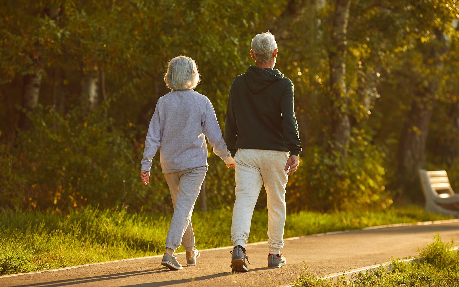 Elderly couple with gray hair walks hand-in-hand on a paved path in a sunny park.