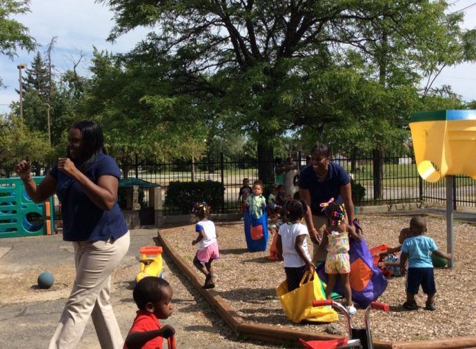A group of children are playing in a playground
