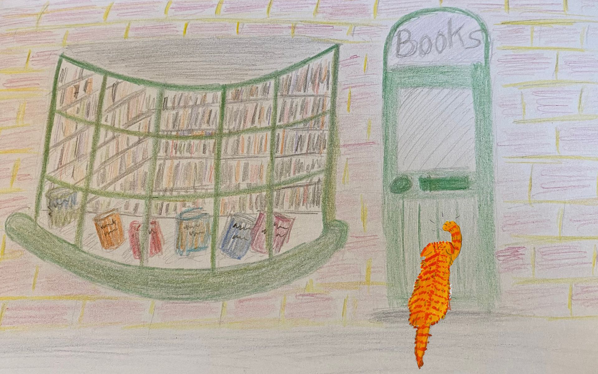 Picture of cat knocking on bookshop door.