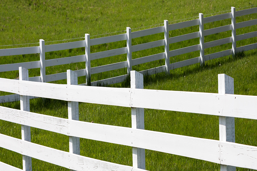 A white fence surrounds a grassy field.