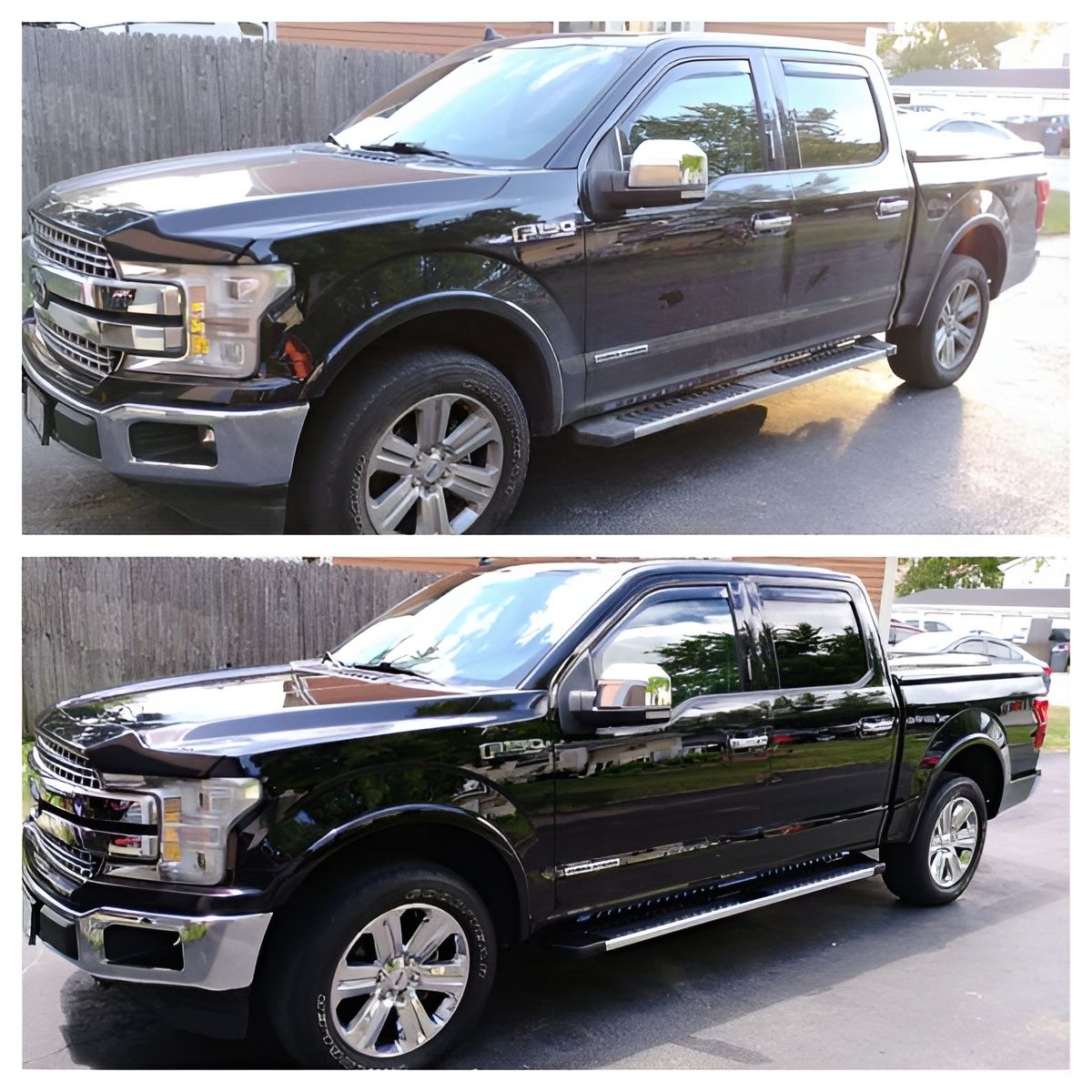 Black Ford F-150 pickup truck, top image faded, bottom image shiny after detailing.