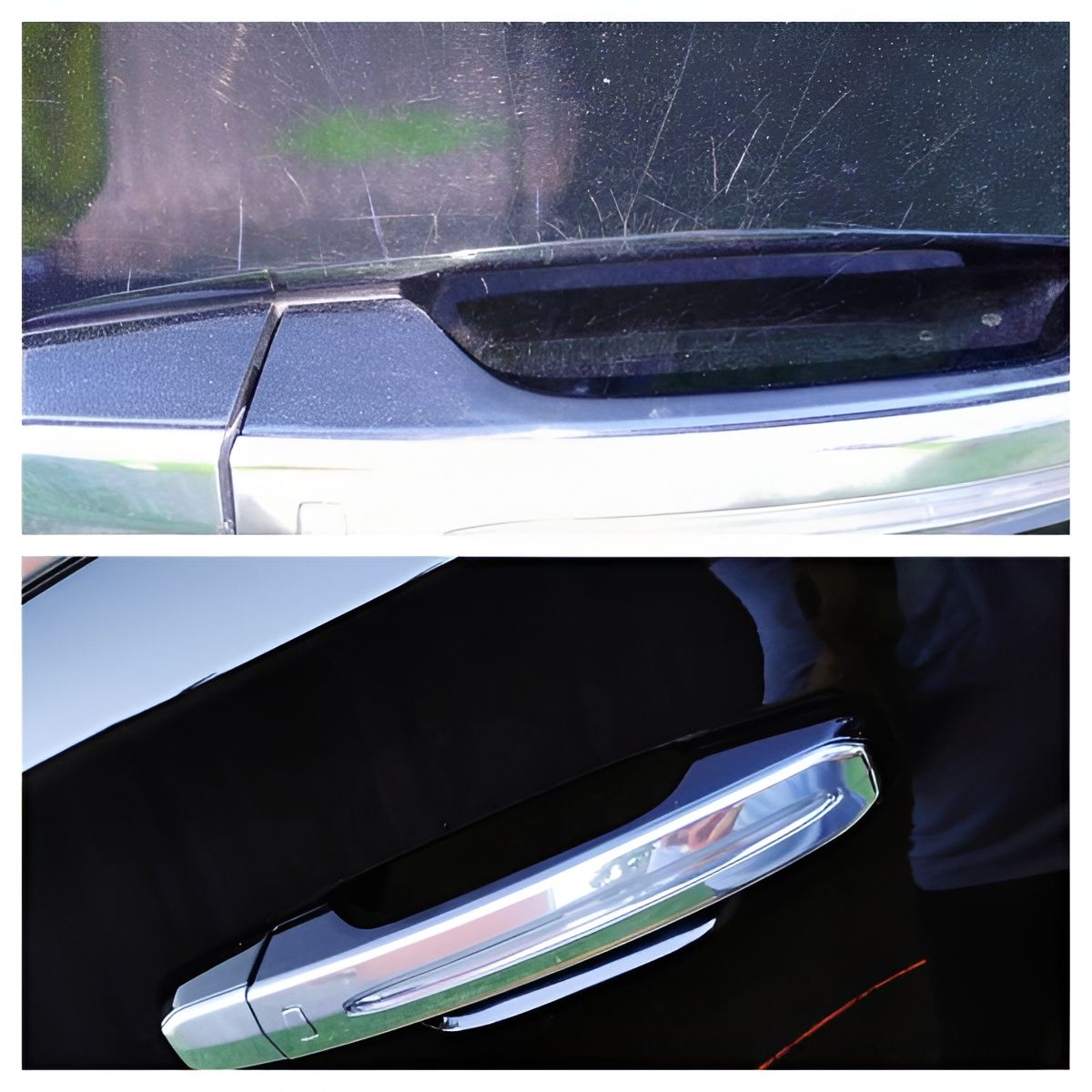 Top: Close-up of a car's windshield with scratches. Bottom: Car door handle with chrome and integrated light.