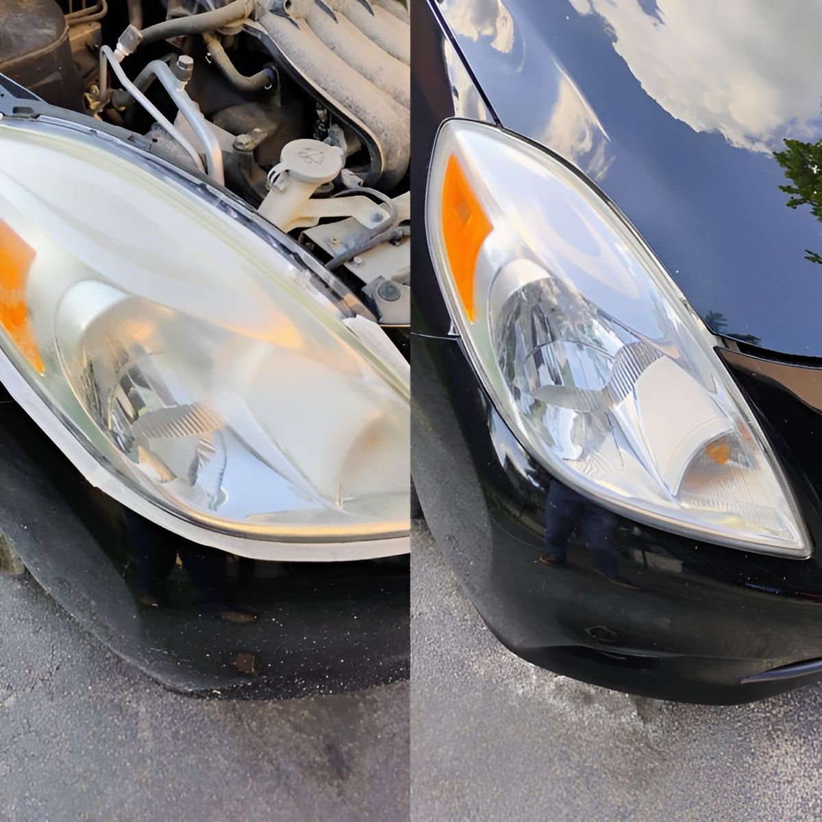 Comparison of a car headlight before and after cleaning, showing a clear improvement in clarity.