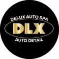 Black circle logo with gold "DLX" inside an oval, "DELUX AUTO SPA" above and "AUTO DETAIL" below in white.