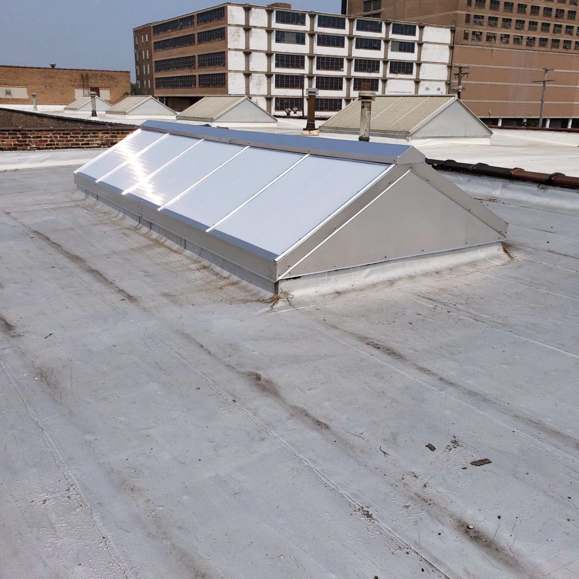 A skylight on the roof of a building