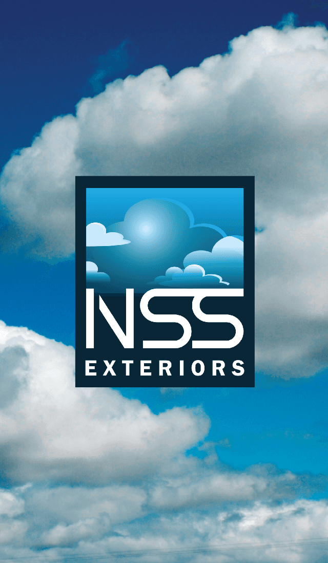 A logo for nss exteriors with clouds in the background