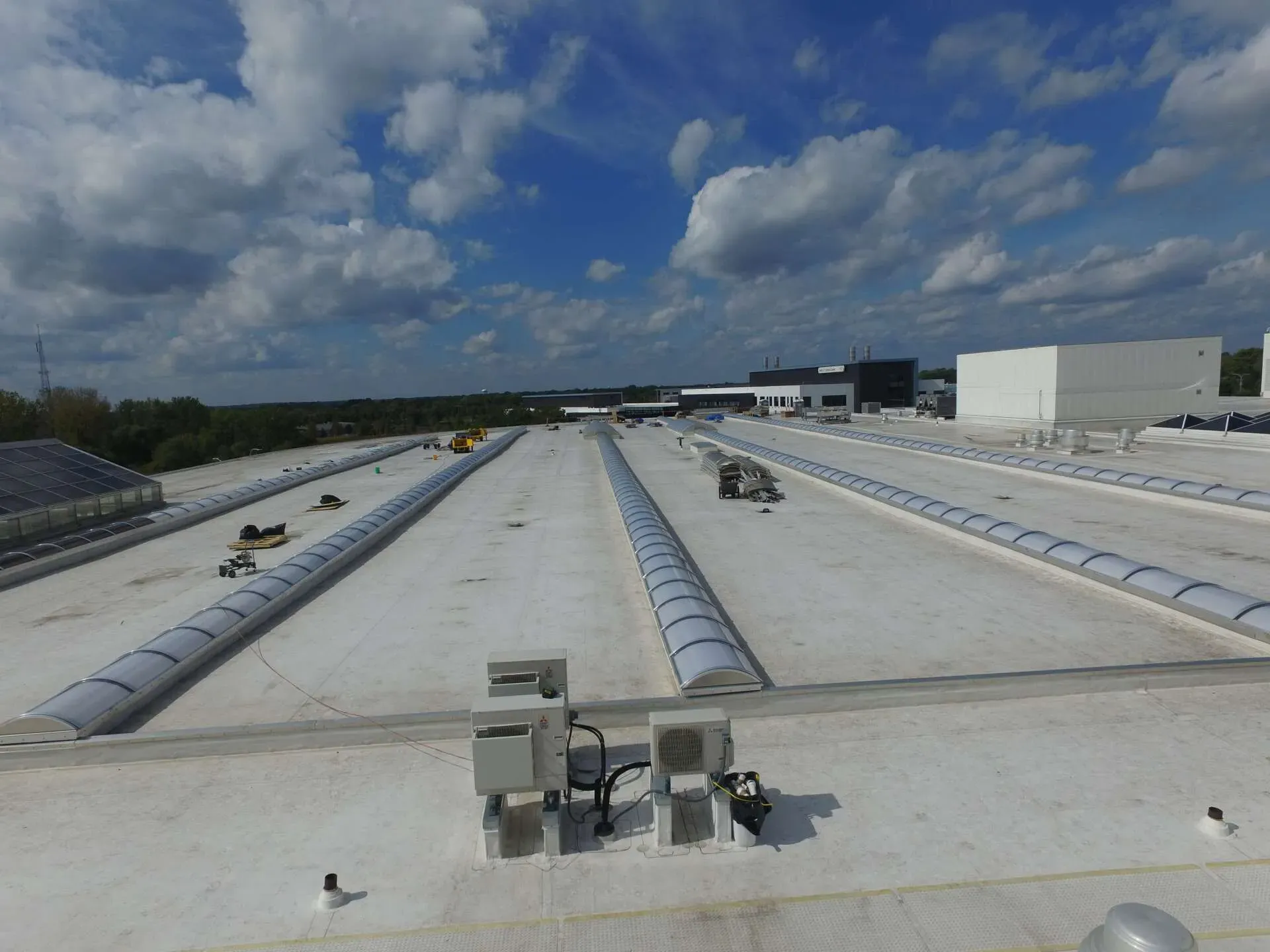 An aerial view of the roof of a building