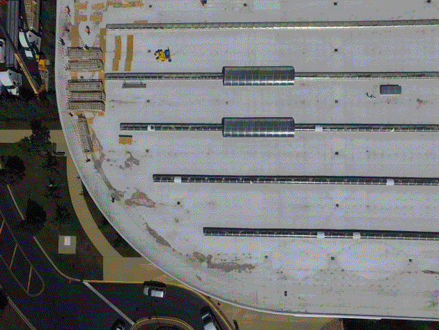 An Aerial View of the Roof of Skylights Installed on a Building
