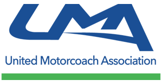 A blue and green logo for the united motorcoach association