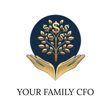 Golden hands cupping a dark blue circle with a gold money tree inside, "YOUR VIRTUAL CFO" below.