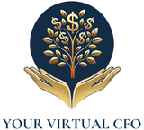 Golden hands cupping a dark blue circle with a gold money tree inside, "YOUR VIRTUAL CFO" below.