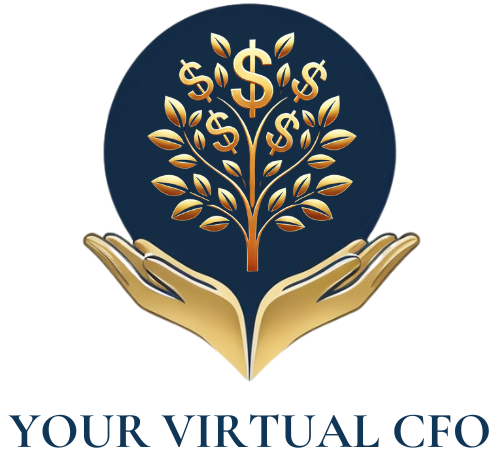 Golden hands cupping a dark blue circle with a gold money tree inside, "YOUR VIRTUAL CFO" below.