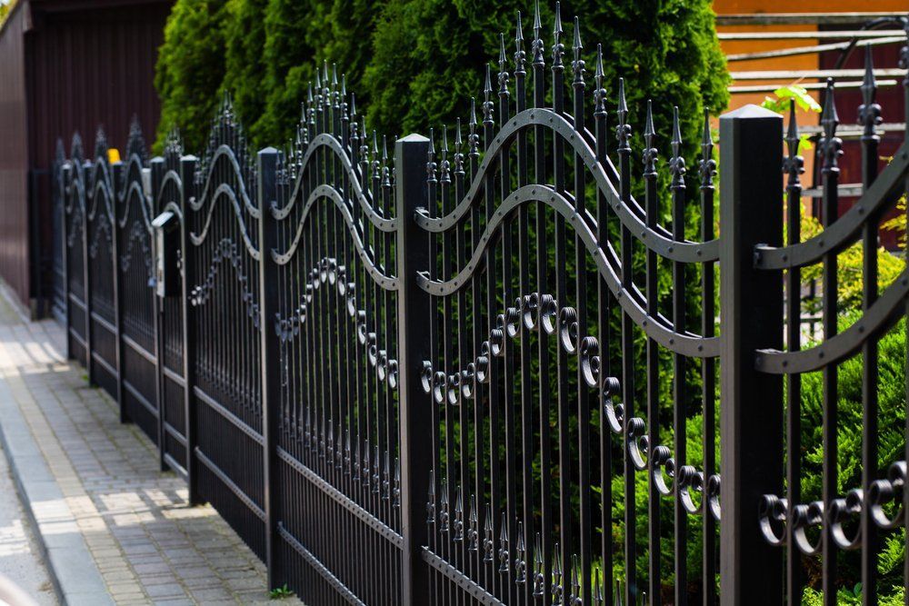 A Black Wrought Iron Fence Is Surrounded by Trees on A Sidewalk — Glass Pool Fencing Australia in Taree, NSW